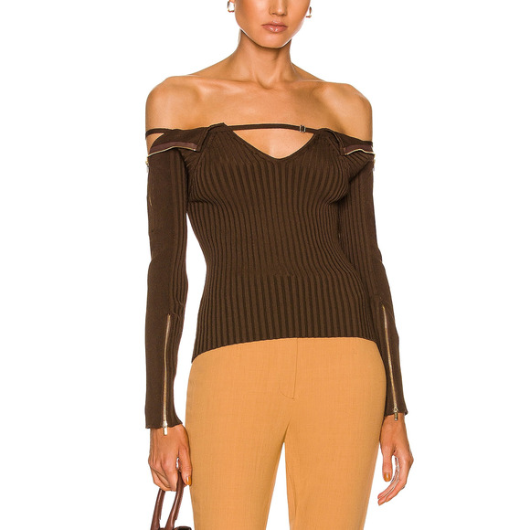 Jacquemus 'La Maille Oro' Brown Long Sleeve Off Shoulder Blouse Size 40